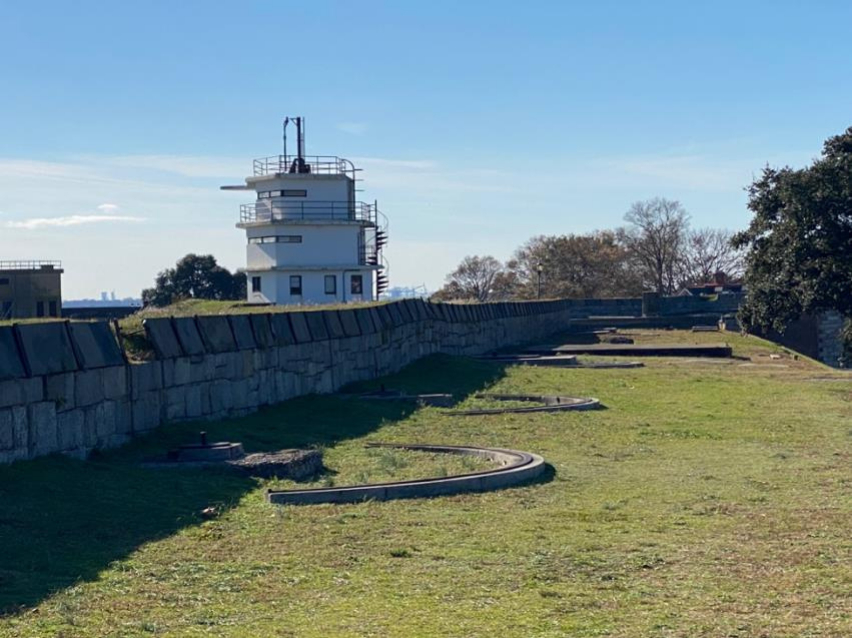 Old cannon foundations on Fort Monroe ramparts inside the moat.
