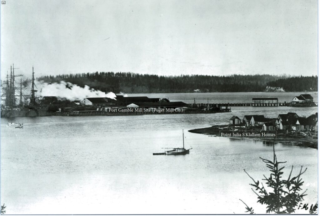 Postcard shows homes of Port Gamble S'Klallam Tribal Members along with Mill site in background. Thanks for Michel Jolivet for photos.