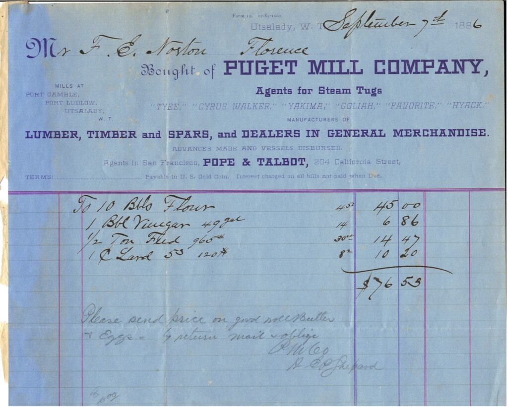 itemized bill for provisions for a tug leaving Port Gamble