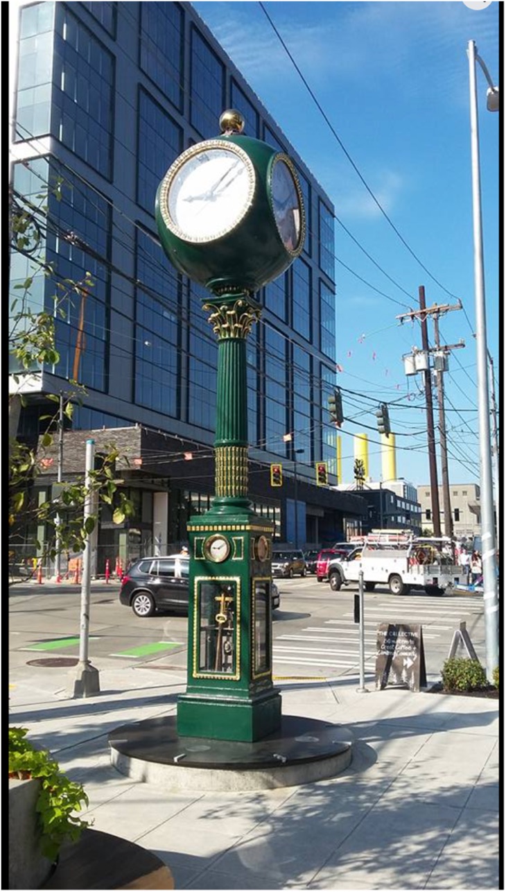 Historic 8-dial street clock located at Mayer Plaza in Seattle's South Lake Union neighborhood